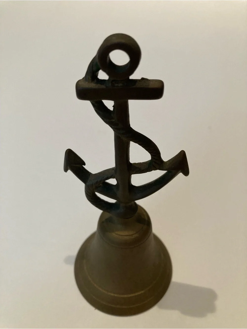 Vintage Solid Brass Nautical Hand Bell with Anchor, Martime Cottagecore Decor 5”
